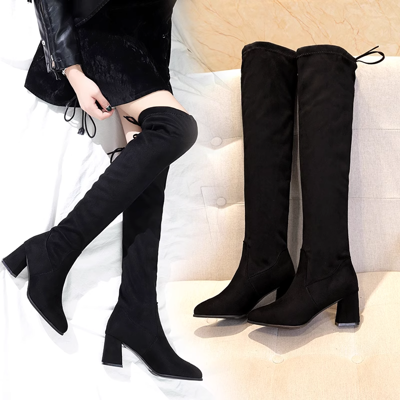 Over-the-Knee Boots Women's Slim Elastic Boots Mid-Heel High LA5596