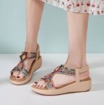 Ethnic style Bohemian retro beaded elastic band rhinestone wedge sandals for women