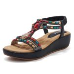 Ethnic style Bohemian retro beaded elastic band rhinestone wedge sandals for women - Image 2