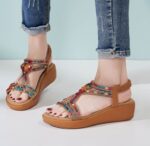 Ethnic style Bohemian retro beaded elastic band rhinestone wedge sandals for women - Image 5