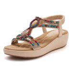 Ethnic style Bohemian retro beaded elastic band rhinestone wedge sandals for women - Image 4