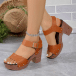 2025 autumn new thick heel non-slip women's sandals one-word buckle strap fish mouth