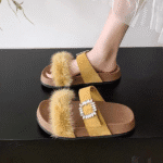 Trendy fluffy rhinestone buckle slippers for women, new summer 2025 style, gorgeous, fashionable