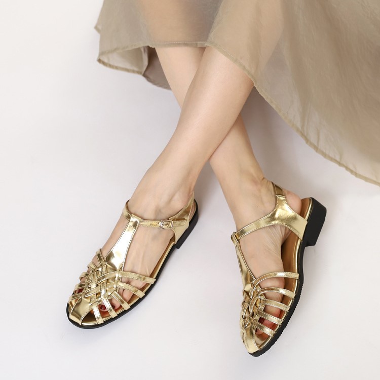 O1CN01nVgcxM1zmlJEQ6muH_!!2208329406757-0-cib Retro Casual Woven Toe-Toe Roman Sandals for Women, Thick Heel, One-Line Buckle, Soft Leather, Medium Heel, Empty Pig Cage Shoes - Image 1